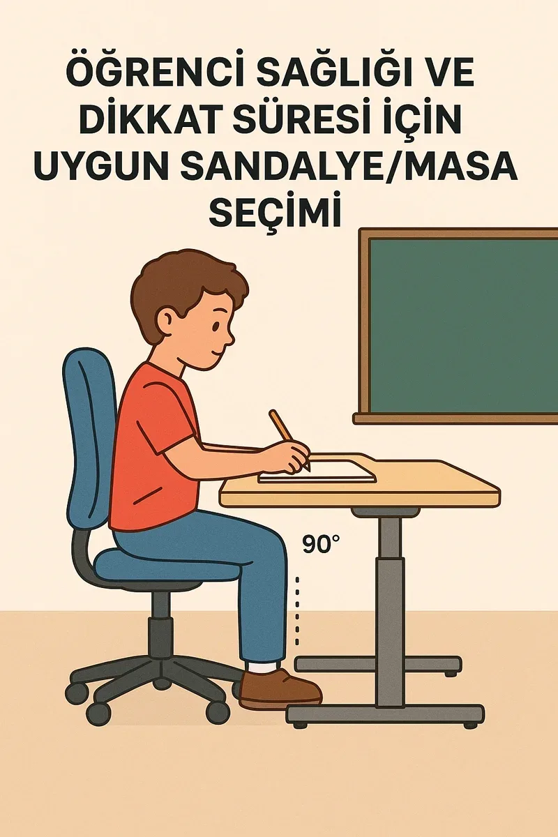 Öğrenci sağlığı ve dikkat süresi için uygun sandalye/masa seçimi.
